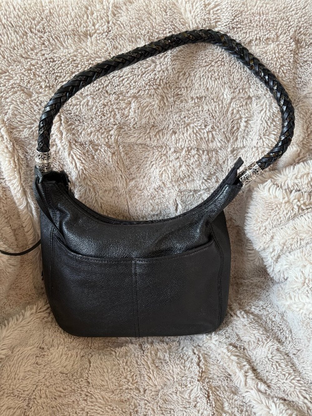 Brighton pebbled leather hobo bag braided shoulder strap Black